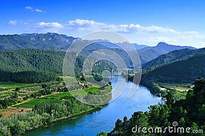 Ebro River passing trhough Miravet, Spain Stock Photo