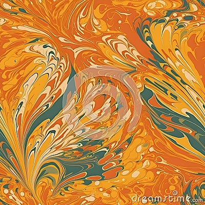 Ebru paintinfg texture seamless pattern. Orange, blue, yellow abstract background. Seamless liquid fluid. Mrbling style effect. Cartoon Illustration