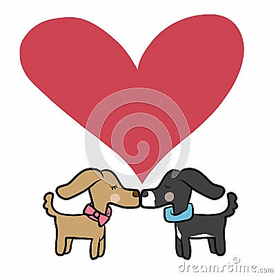 Couple dog kissing with love heart cartoon illustration Vector Illustration