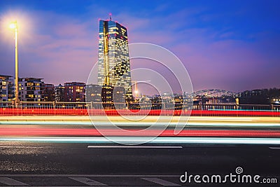 ECB Tower (European Central Bank) at night with light trails - Frankfurt, Germany Stock Photo