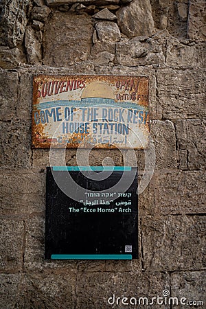 Ecce Arch road sign in Jerusalem Editorial Stock Photo