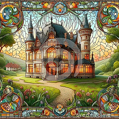 Eccentric old world mansion in a pastoral setting. Stock Photo