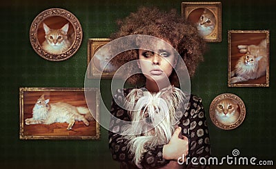 Eccentric Shaggy Woman with Pet - Little Puppy Stock Photo