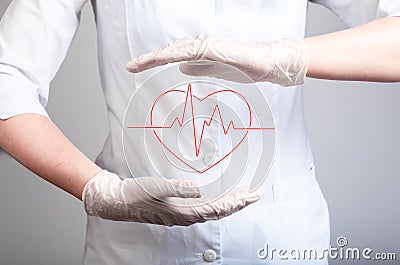 ECG concept. Doctor holding heart with heartbeat rhythm between hands in gloves. Electrocardiogram test conducting Stock Photo