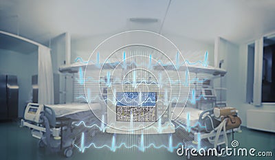 ECG lines projection on the ER ward, medical concept of urgency Stock Photo