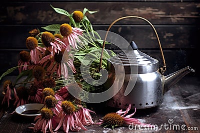 echinacea flowers steeping in metal teapot over campfire Stock Photo