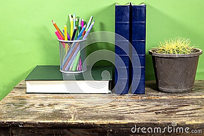 Echinocactus Cactus Potted with books and pencils case on wood table over green background Stock Photo