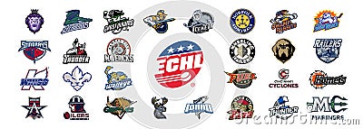 ECHL season 2022-23. Adirondack Thunder, Reading Royals, Maine Mariners,Orlando Solar Bears, SC Stingrays, Kalamazoo Wings, Toledo Vector Illustration