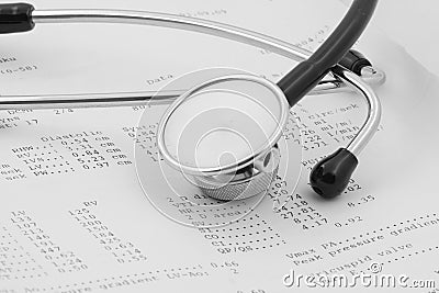 Echocardiographical test results with stethoscope Stock Photo