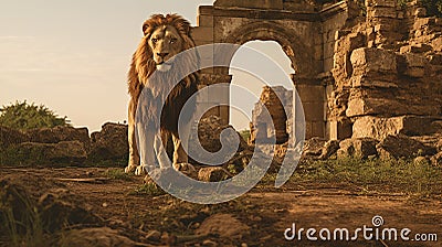 Echoes of Majesty: Lion's Journey Through Ancient Ruins Stock Photo