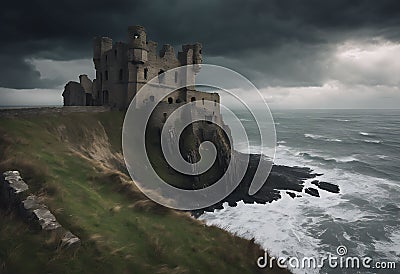 Echoes of Majesty: Ruined Castle on a Cliff Overlooking the Sea with Crashing Waves Stock Photo