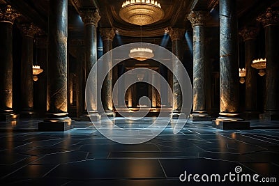 Echoes of Opulence in an Empty Stone Hall. Stock Photo