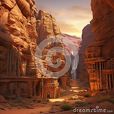 Echoing Eons - Canyon landscape reverberating with ghostly historical scenes Stock Photo