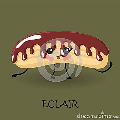 Eclair character with face and smile. Kawaii sweets and desserts Vector Illustration