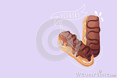 Eclairs in cartoon style on purple background. Doodle. Vector illustration for poster, banner, website, advertisement Vector Illustration