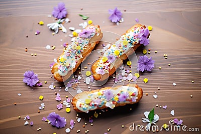 eclairs with colorful sprinkles on a wooden surface Stock Photo