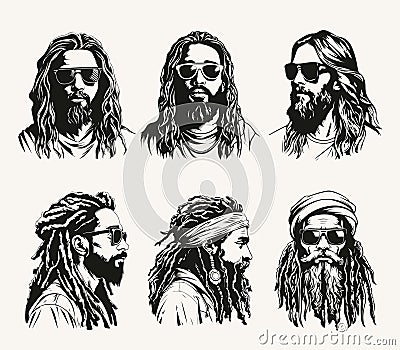 Vector set of Hipster, Rasta-man Jesus Characters with Sunglasses and Dreadlocks Vector Illustration