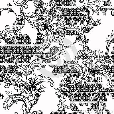 Eclectic fabric seamless pattern. Ethnic background with baroque ornament. Vector Illustration