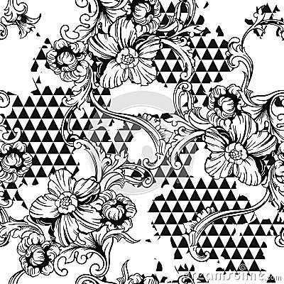 Eclectic fabric seamless pattern. Geometric background with baroque ornament Vector Illustration