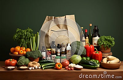 Eclectic mix cascading into a paper sack, diverse groceries blend Stock Photo