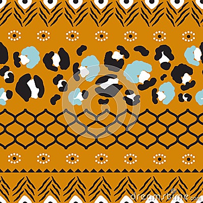 Eclectic seamless pattern texture with leopard stains and grid shapes mix. Vector Illustration