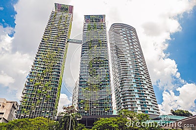 Eco architecture. Green skyscraper building with plants growing on the facade. Ecology and green living in city, urban environment Stock Photo