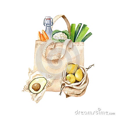Eco bag with vegetables and glass bottle, avocado in bees wax wrap Stock Photo