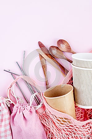 eco bags, bamboo toothbrush, reusable straws and recycled tableware Stock Photo