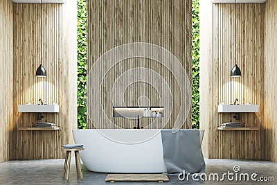 Eco bathroom two sinks, wood Stock Photo