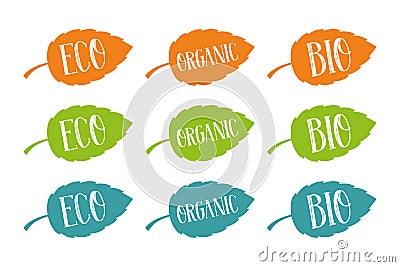 Eco, bio and organic vector set for web and print. Hand drawn typography on colorful leaves. Vector Illustration