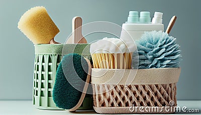 Eco brushes, sponges and rag in cleaning basket.. Generate Ai Stock Photo