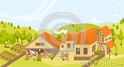 Eco buildings agriculture farming rural landscape vector illustration with farm, cows barn, garden, beds of organic Vector Illustration