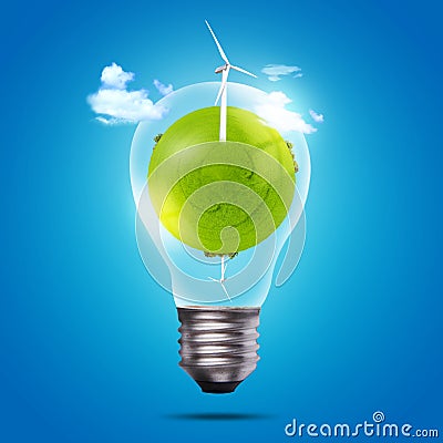 Eco bulb of windmill and green globe Stock Photo