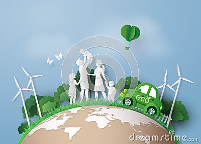 Concept of Environmentally friendly with eco car and family. Vector Illustration