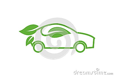Eco car vector icon. Green car template. Ecological transport concept. Green car with leaves. Safe world. Health automotive Vector Illustration