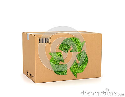 Eco. Cardboard box with green recycle ecology sign. Cartoon Illustration