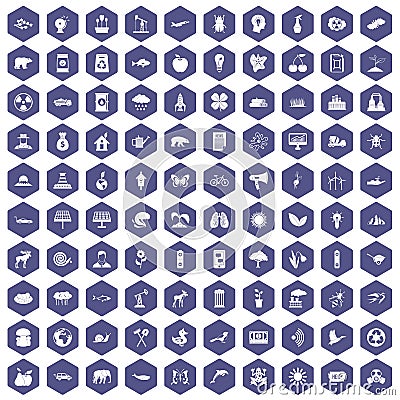 100 eco care icons hexagon purple Vector Illustration