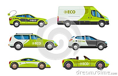 Eco cars. Alternative power energy electrical vehicles with charge battery vector eco transport cartoon Vector Illustration