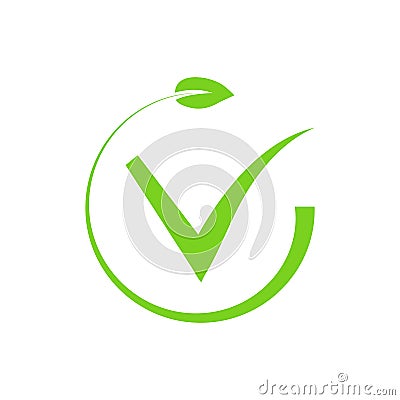 Eco check mark green. Approved without synthetics and choosing right nature solution Vector Illustration