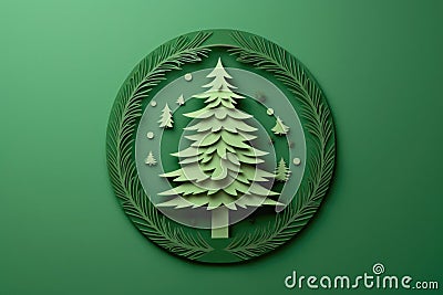 Eco christmas concept green background. Pine tree made in papercut craft technic Cartoon Illustration