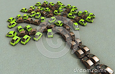 Eco city cars parked forming the shape of a tree Stock Photo