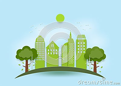 Eco city concept, Green city using natural energy In the form of paper art Stock Photo