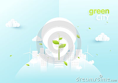 Eco city concept. Light bulbs with sapling in green ecology city Vector Illustration