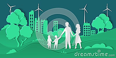Eco city and family. Paper cut smart city with green energy ecosystem and happy family, friendly ecology concept. Vector Vector Illustration