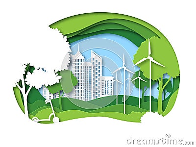 Eco city. Future ecosystem with building, tree and windmill. Green recycling energy, save environment papercut vector Vector Illustration