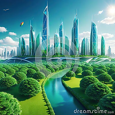 An eco city with Sustainable urban Cartoon Illustration