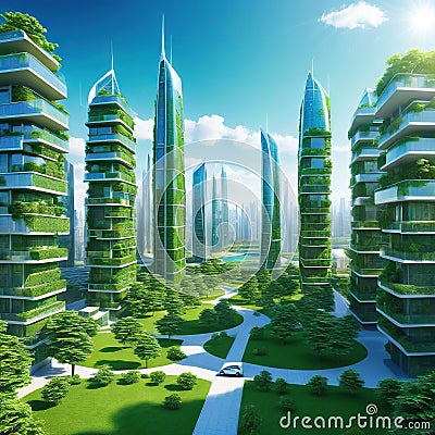 An eco city with Sustainable urban Cartoon Illustration