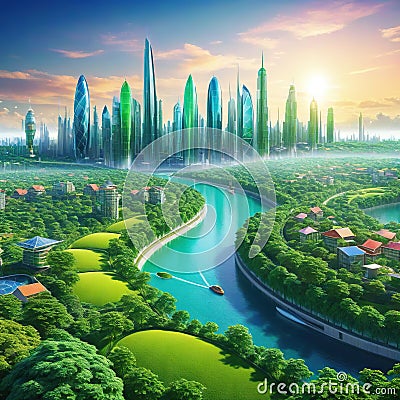 An eco city with Sustainable urban Cartoon Illustration