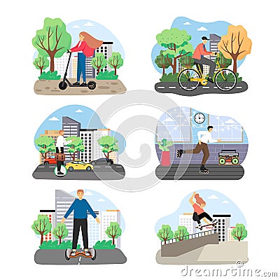 Eco city transport set flat vector illustration. People roller skating, skateboarding, riding bicycle, electric scooters Vector Illustration