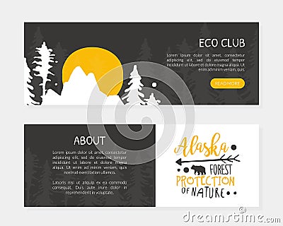 Eco Club Landing Page Template with Space for Text, Alaska Forest, Protection of Nature Website Vector Illustration Stock Photo